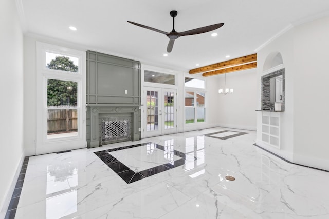 unfurnished living room featuring recessed lighting, marble tiled flooring, baseboards, a ceiling fan, and french doors