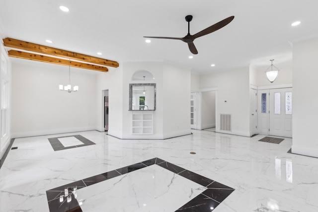 empty room with recessed lighting, ceiling fan, marble tiled floors, and baseboards