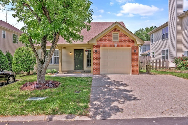 view of front of home featuring an attached garage, brick siding, driveway, and roof with shingles