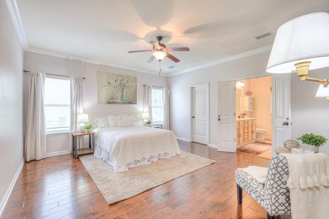 1008 Beverly Ln, Spring Hill, TN 37174 - bedroom with ornamental molding, wood finished floors, baseboards, ensuite bath, and ceiling fan