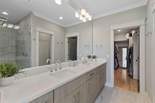 6003B Pennsylvania Ave, Nashville, TN 37209 - bathroom featuring a stall shower, double vanity, marble look tile flooring, recessed lighting, and baseboards
