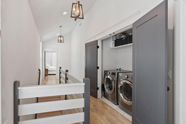 6003B Pennsylvania Ave, Nashville, TN 37209 - washroom with independent washer and dryer, light wood finished floors, a chandelier, and recessed lighting