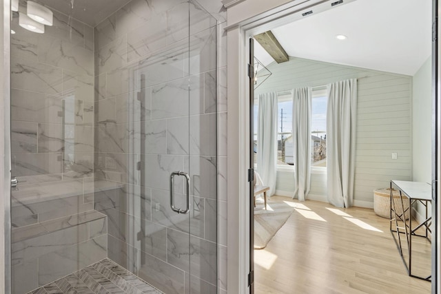 6003B Pennsylvania Ave, Nashville, TN 37209 - bathroom featuring wood finished floors, vaulted ceiling, and a stall shower
