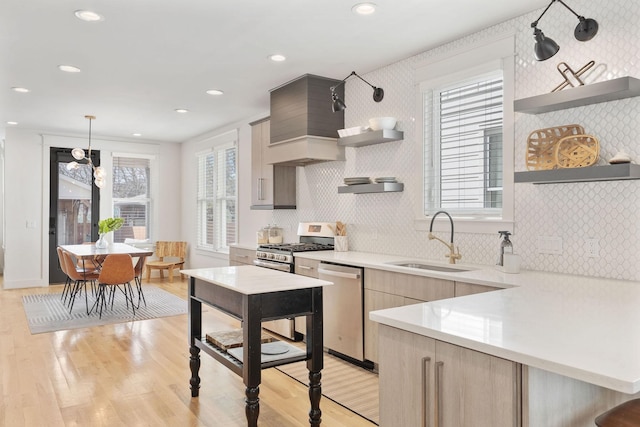6003B Pennsylvania Ave, Nashville, TN 37209 - kitchen with open shelves, a sink, appliances with stainless steel finishes, light countertops, and wallpapered walls