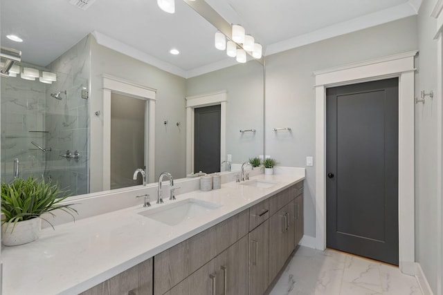 6003B Pennsylvania Ave, Nashville, TN 37209 - full bathroom featuring a shower stall, double vanity, marble look tile flooring, baseboards, and recessed lighting