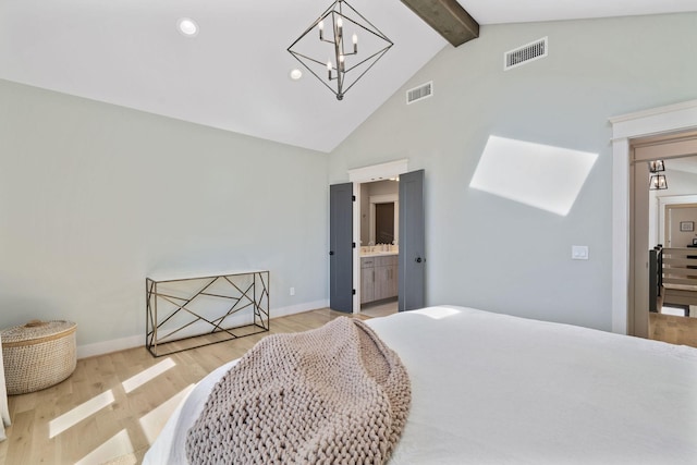 6003B Pennsylvania Ave, Nashville, TN 37209 - bedroom with beamed ceiling, wood finished floors, high vaulted ceiling, a chandelier, and baseboards