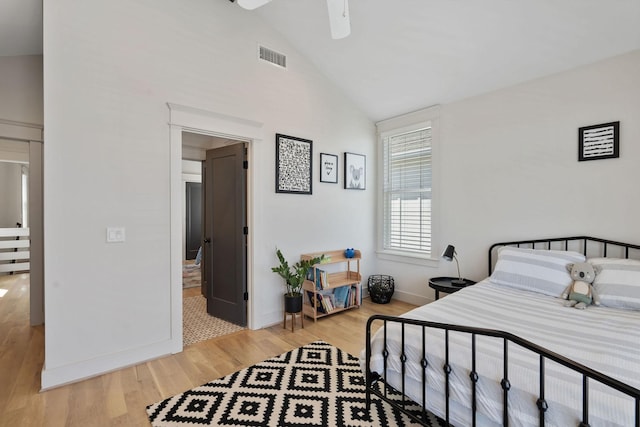6003B Pennsylvania Ave, Nashville, TN 37209 - bedroom featuring wood finished floors, baseboards, high vaulted ceiling, and ceiling fan