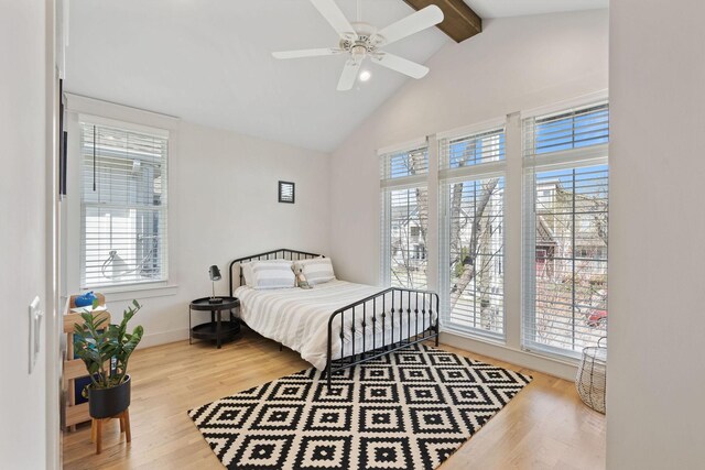 6003B Pennsylvania Ave, Nashville, TN 37209 - bedroom featuring beam ceiling, wood finished floors, baseboards, high vaulted ceiling, and a ceiling fan