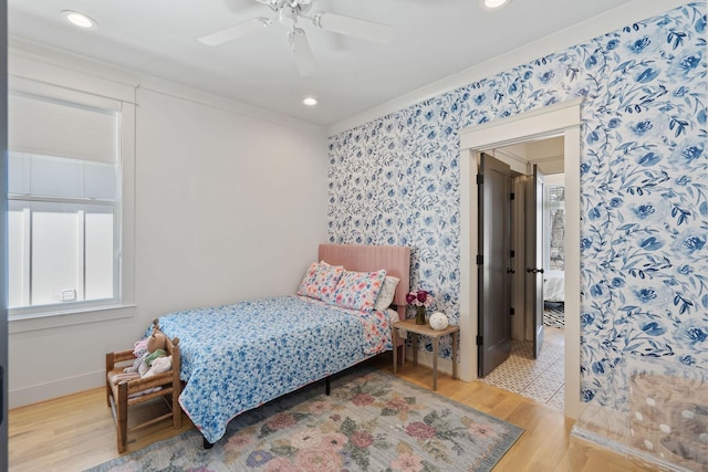 6003B Pennsylvania Ave, Nashville, TN 37209 - bedroom with wallpapered walls, wood finished floors, baseboards, recessed lighting, and a ceiling fan