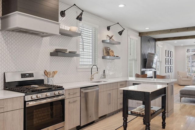 6003B Pennsylvania Ave, Nashville, TN 37209 - kitchen with open shelves, stainless steel appliances, a sink, light brown cabinets, and a peninsula