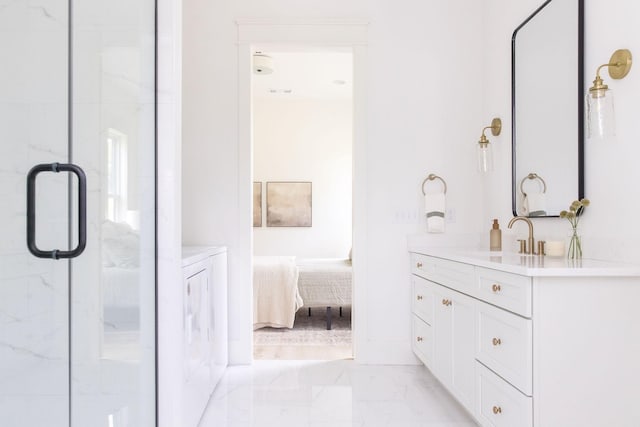 2576 Goose Creek Byp, Franklin, TN 37064 - full bathroom featuring independent washer and dryer, marble finish flooring, a stall shower, vanity, and connected bathroom