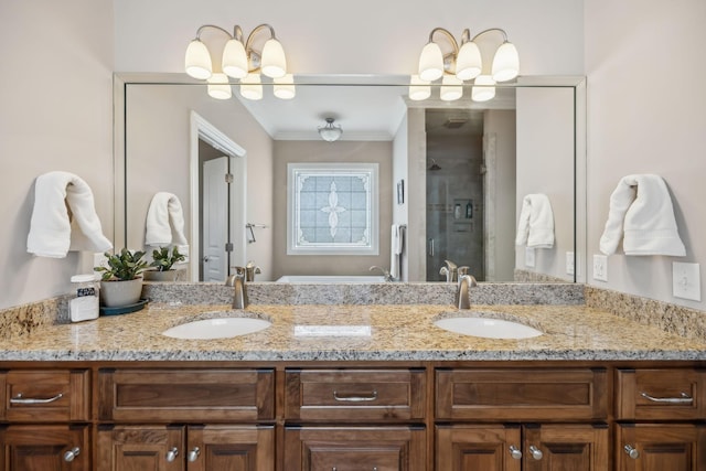 6611 Arno College Grove Rd, College Grove, TN 37046 - full bath with double vanity, a shower stall, and ornamental molding