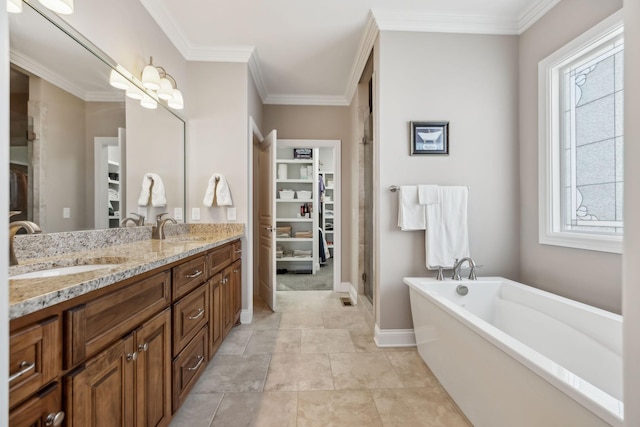 6611 Arno College Grove Rd, College Grove, TN 37046 - full bathroom with healthy amount of natural light, a freestanding tub, a shower stall, double vanity, and ornamental molding