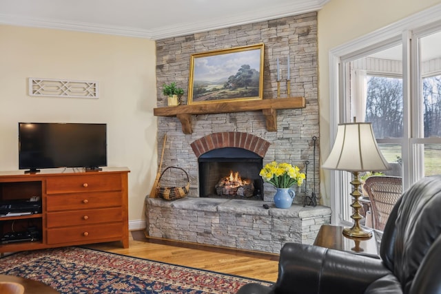 6611 Arno College Grove Rd, College Grove, TN 37046 - living area with wood finished floors, crown molding, a stone fireplace, and baseboards