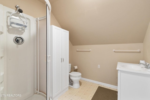338 Lindsey Mill Cir, Rocky Top, TN 37769 - full bathroom featuring a stall shower, lofted ceiling, tile patterned floors, toilet, and vanity