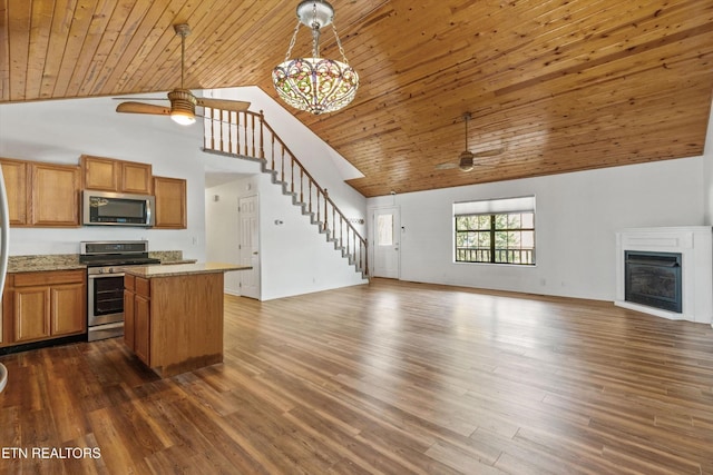 338 Lindsey Mill Cir, Rocky Top, TN 37769 - kitchen with stainless steel appliances, a ceiling fan, high vaulted ceiling, open floor plan, and a kitchen island