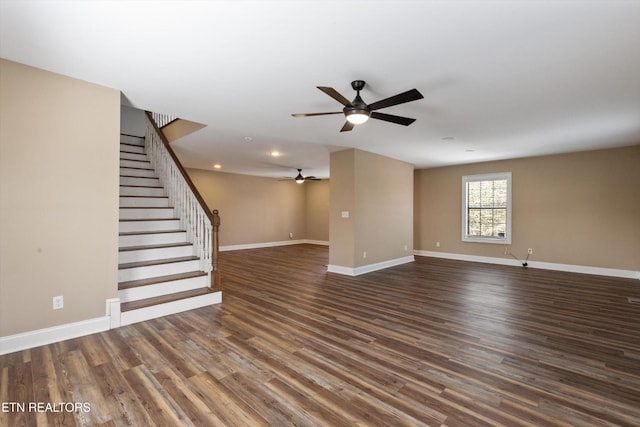 338 Lindsey Mill Cir, Rocky Top, TN 37769 - unfurnished living room with a ceiling fan, stairs, baseboards, dark wood finished floors, and recessed lighting