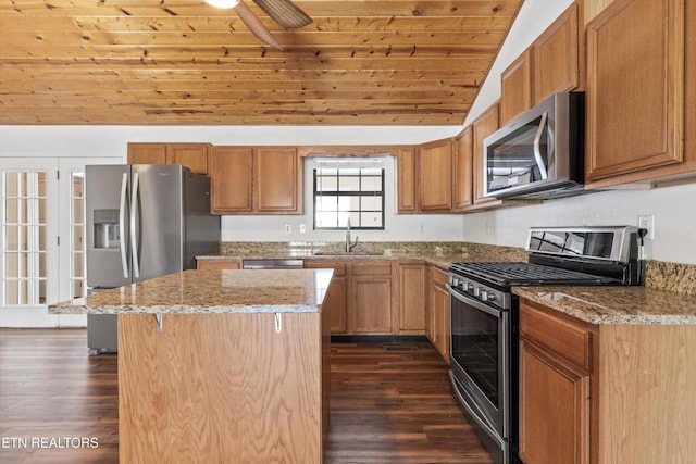 338 Lindsey Mill Cir, Rocky Top, TN 37769 - kitchen featuring appliances with stainless steel finishes, a sink, vaulted ceiling, dark wood-style floors, and a center island