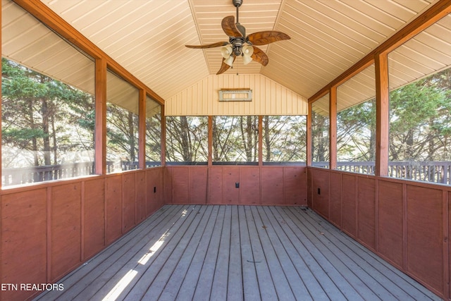 338 Lindsey Mill Cir, Rocky Top, TN 37769 - unfurnished sunroom featuring vaulted ceiling, ceiling fan, and a water view