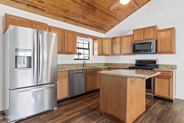 338 Lindsey Mill Cir, Rocky Top, TN 37769 - kitchen featuring stainless steel appliances, a sink, vaulted ceiling, light stone counters, and dark wood-style flooring