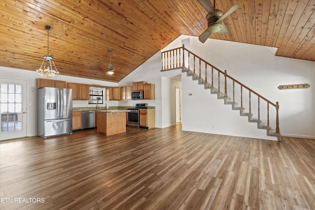 338 Lindsey Mill Cir, Rocky Top, TN 37769 - unfurnished living room with a ceiling fan, high vaulted ceiling, stairway, wood ceiling, and dark wood-style flooring