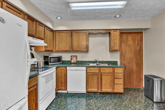 2406 Rowena Ln, Knoxville, TN 37931 - kitchen with white appliances, a sink, under cabinet range hood, dark countertops, and brown cabinets