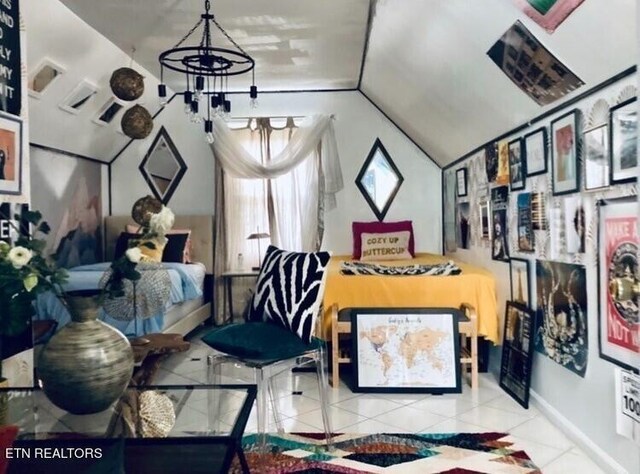 1939 Pinewood Cv, Cleveland, TN 37312 - tiled bedroom featuring a chandelier, lofted ceiling, and baseboards