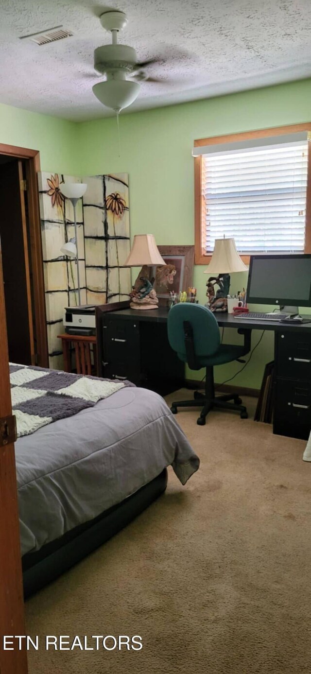 bedroom with a textured ceiling and carpet floors