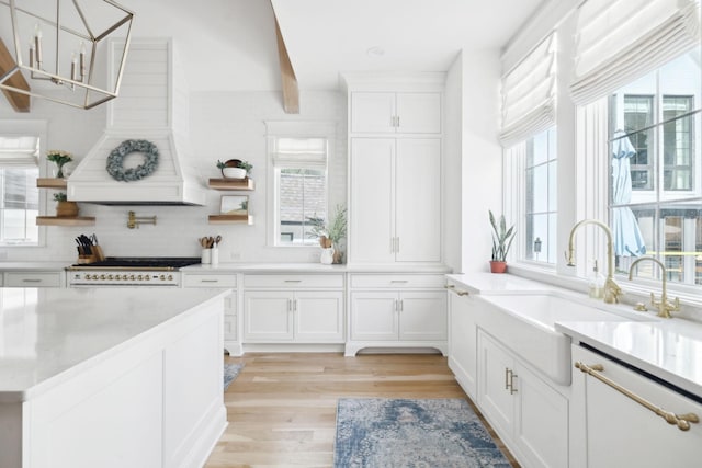 kitchen with premium range hood, a sink, white cabinets, light wood finished floors, and decorative backsplash