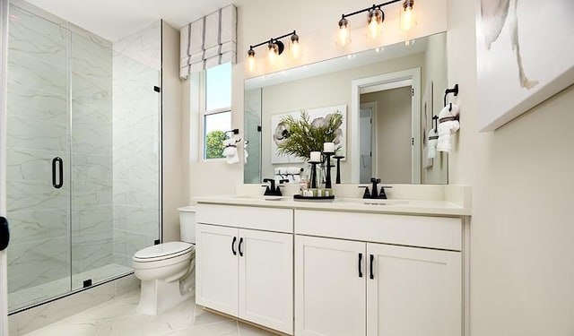 full bath with marble look tiles, a marble finish shower, toilet, and double vanity