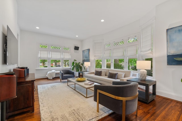living area featuring wood finished floors, recessed lighting, and baseboards