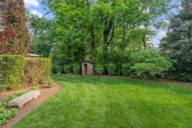 view of grassy yard featuring a shed and an outdoor structure