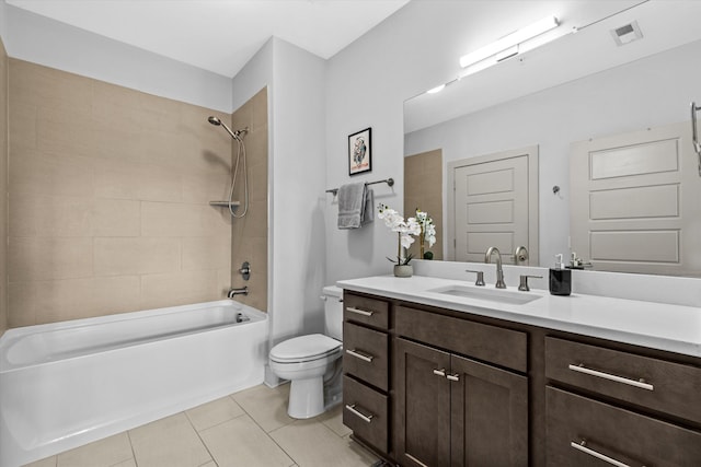 bathroom with tile patterned flooring, toilet, shower / tub combination, and vanity