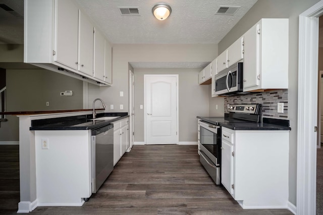 2642 Sewanee Pl, Murfreesboro, TN 37128 - kitchen featuring appliances with stainless steel finishes, dark countertops, a sink, dark wood-type flooring, and a textured ceiling