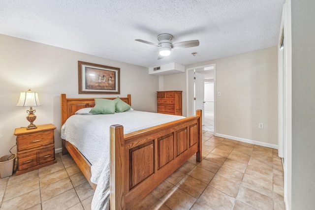 2046 Scribners Mill Rd, Culleoka, TN 38451 - bedroom with a textured ceiling, light tile patterned flooring, ceiling fan, and baseboards