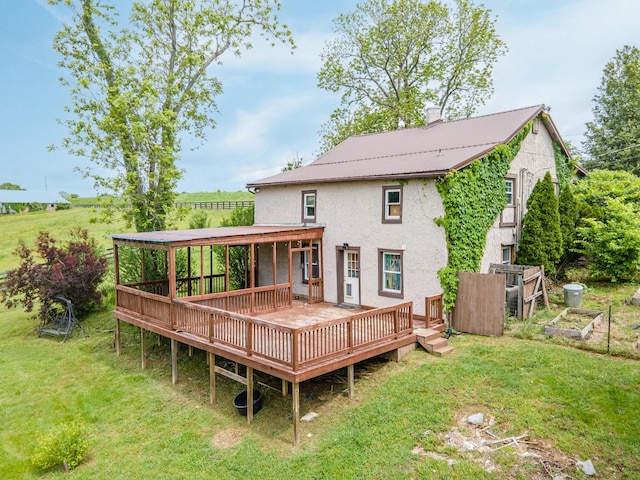 2046 Scribners Mill Rd, Culleoka, TN 38451 - back of house with a wooden deck, a yard, and stucco siding