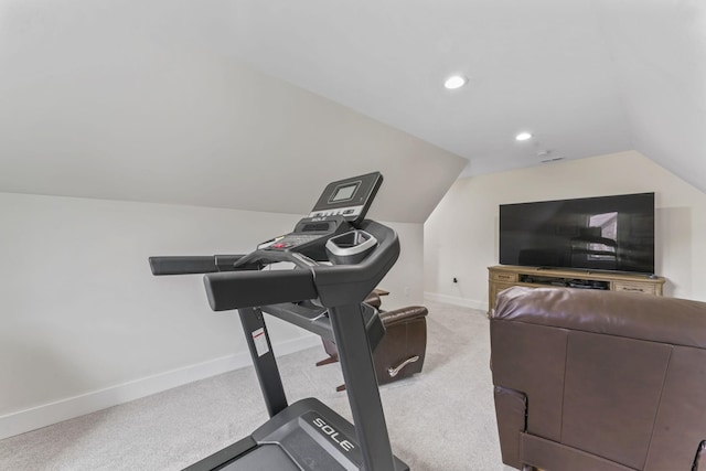 304 Cedar Hollow Ct, Lebanon, TN 37087 - workout area featuring lofted ceiling, carpet floors, baseboards, and recessed lighting
