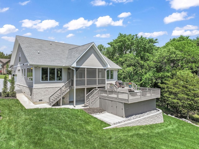304 Cedar Hollow Ct, Lebanon, TN 37087 - back of house featuring stairway, a sunroom, a wooden deck, a shingled roof, and a lawn