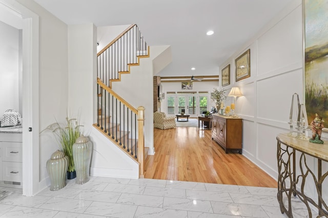 304 Cedar Hollow Ct, Lebanon, TN 37087 - foyer with stairway, light marble finish floors, recessed lighting, baseboards, and ceiling fan