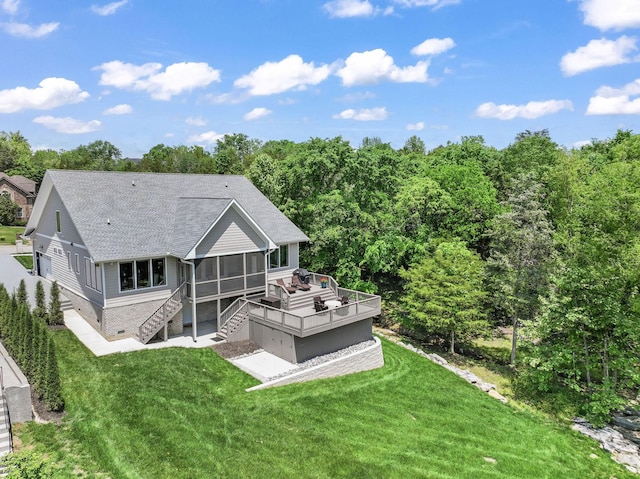 304 Cedar Hollow Ct, Lebanon, TN 37087 - back of property featuring a sunroom, stairway, roof with shingles, a wooden deck, and a yard