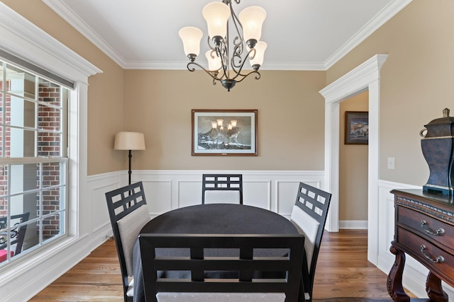dining area with a chandelier, crown molding, wood finished floors, and a wainscoted wall
