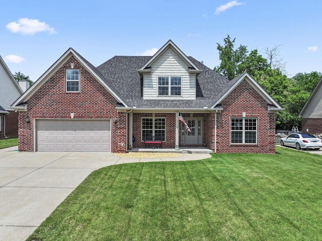 traditional home with a front lawn, driveway, brick siding, and a shingled roof