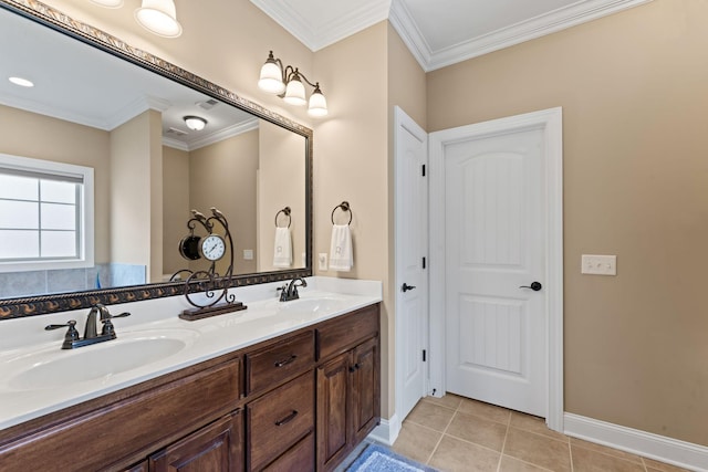 full bath with crown molding, tile patterned floors, double vanity, and baseboards