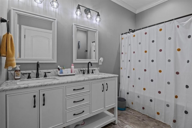 3571 Old Blacktop Rd, Mc Ewen, TN 37101 - full bathroom featuring crown molding, double vanity, and shower / tub combo