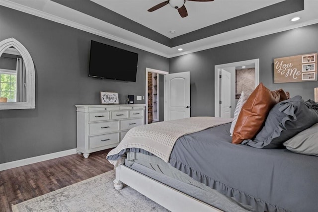 3571 Old Blacktop Rd, Mc Ewen, TN 37101 - bedroom with dark wood-style floors, baseboards, recessed lighting, ornamental molding, and ceiling fan