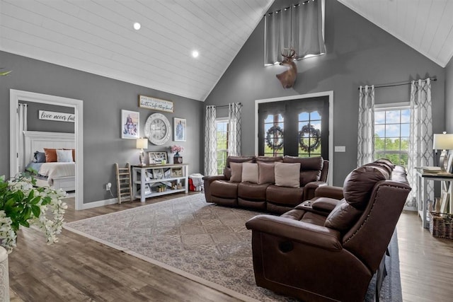 3571 Old Blacktop Rd, Mc Ewen, TN 37101 - living area with wooden ceiling, high vaulted ceiling, wood finished floors, recessed lighting, and baseboards
