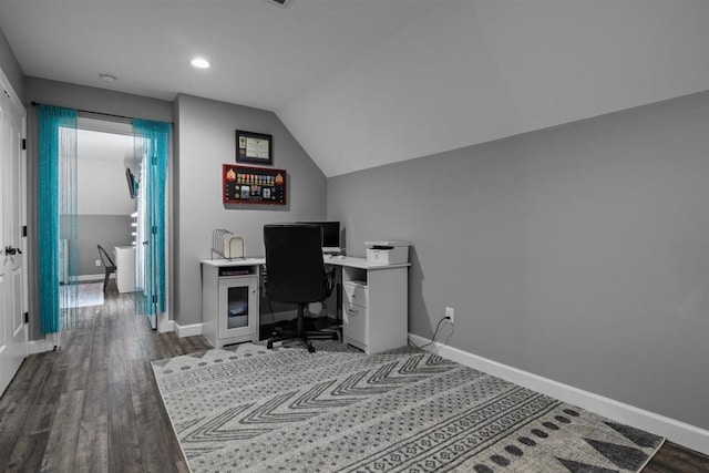 3571 Old Blacktop Rd, Mc Ewen, TN 37101 - office area featuring baseboards, wood finished floors, lofted ceiling, and recessed lighting