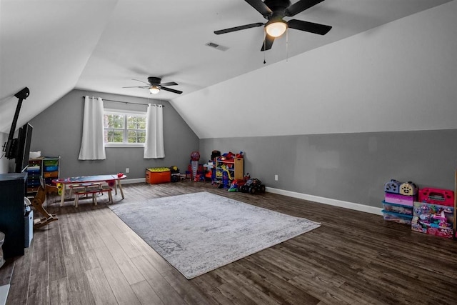3571 Old Blacktop Rd, Mc Ewen, TN 37101 - playroom with a ceiling fan, wood finished floors, vaulted ceiling, and baseboards