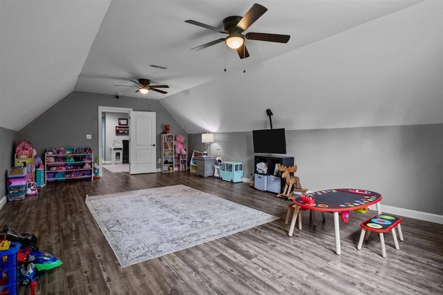 3571 Old Blacktop Rd, Mc Ewen, TN 37101 - playroom featuring ceiling fan, lofted ceiling, baseboards, and wood finished floors