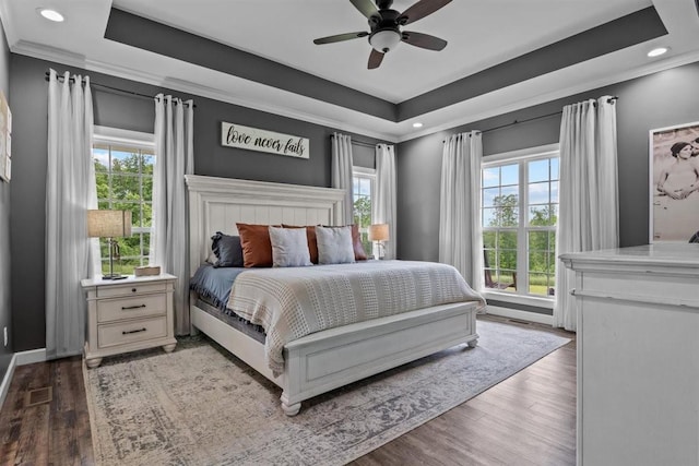 3571 Old Blacktop Rd, Mc Ewen, TN 37101 - bedroom with a tray ceiling, ornamental molding, wood finished floors, recessed lighting, and a ceiling fan